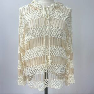 POL Cream Open Knit Crochet Fringe Hooded Boho Sweater Size M
